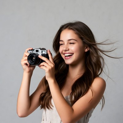 Young woman holding vintage camera