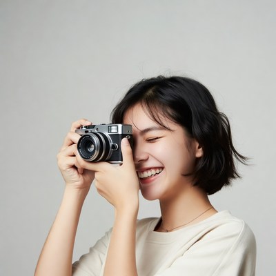 Asian woman holding vintage camera
