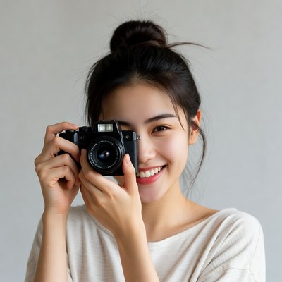 Asian woman holding camera smiling