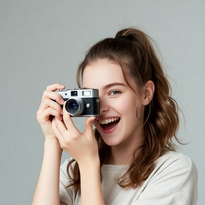 Young woman holding vintage camera