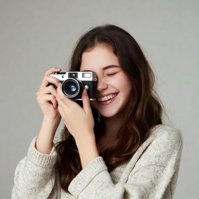 Young woman holding vintage camera