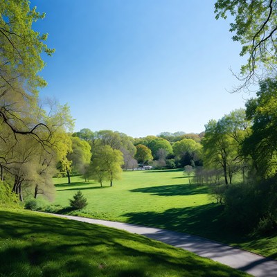 Green park with path and trees