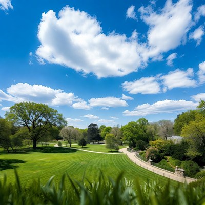 Lush Green Park with Curved Path