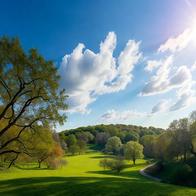 Sunny Green Hillside with Trees and Path