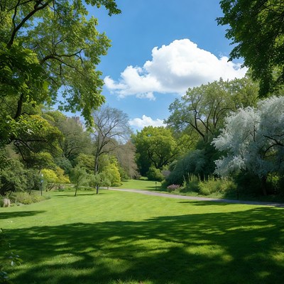 Lush green park path under blue sky