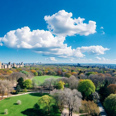 Autumn Park with City Skyline