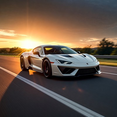 White Lamborghini Revuelto Driving at Sunset