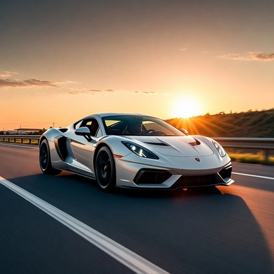 Silver Supercar Driving at Sunset