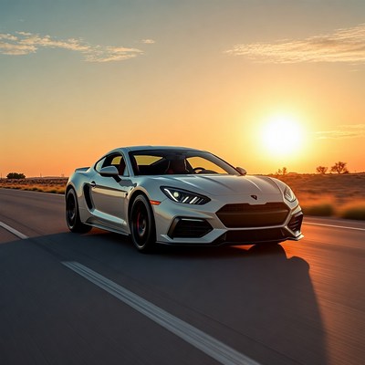 Silver Porsche sports car at sunset