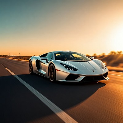 White Lamborghini Driving Sunset Road