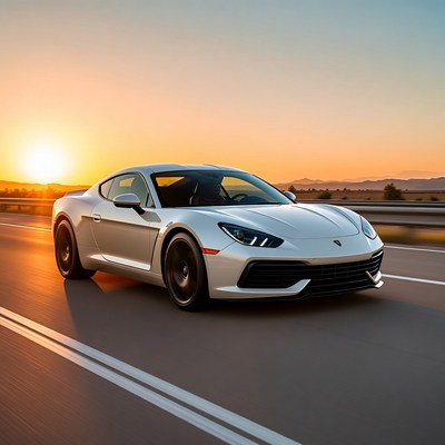 Silver Porsche 718 Cayman driving at sunset