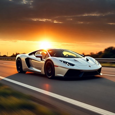 White Lamborghini Driving at Sunset