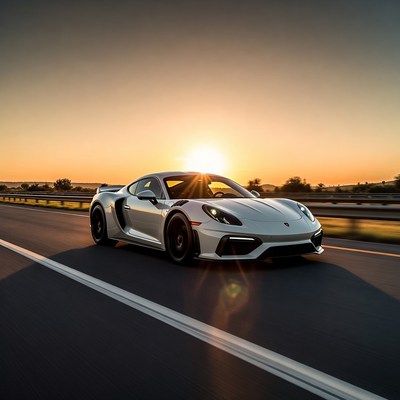 White Porsche sports car at sunset