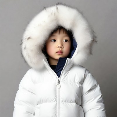 Asian boy in white fur hood jacket