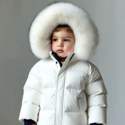 Toddler boy in white fur hood jacket