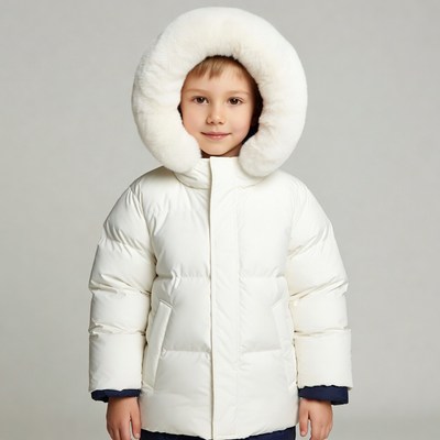 Boy in white fur hood jacket