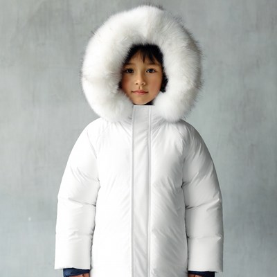 Asian boy in white fur hood jacket