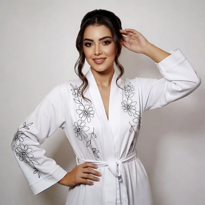 Woman in white floral robe