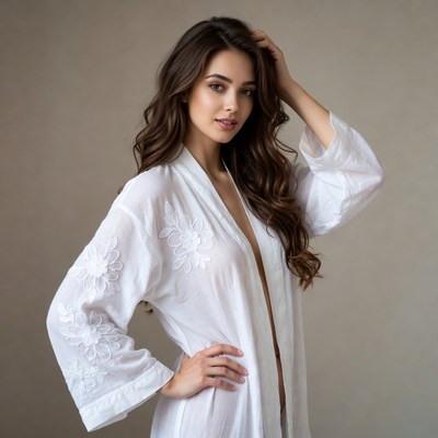 Woman in white embroidered kimono robe