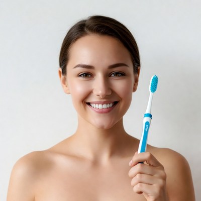 Smiling woman holding blue toothbrush