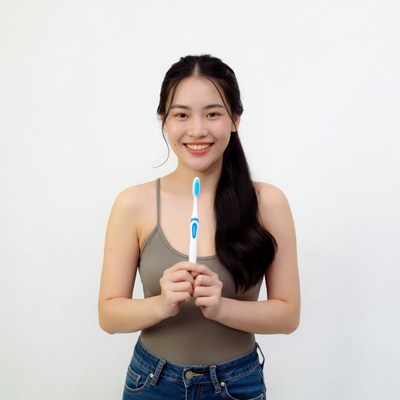Asian woman holding blue toothbrush