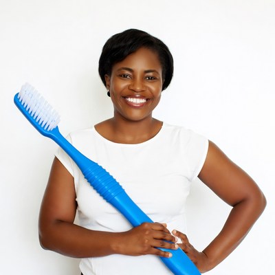 African-American woman holding giant toothbrush