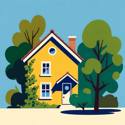 Yellow house with green trees