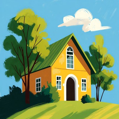 Yellow house with green roof illustration