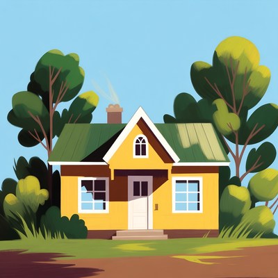 Yellow house with green roof and trees