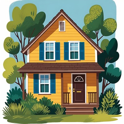 Yellow house with trees illustration