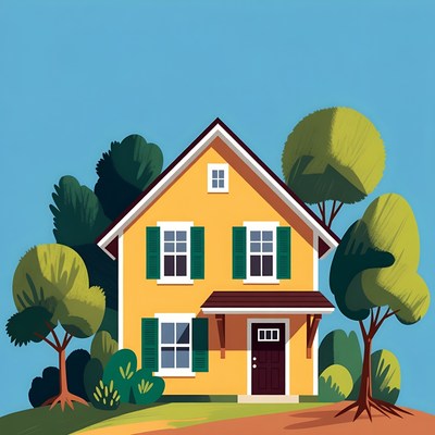 Yellow house with green trees