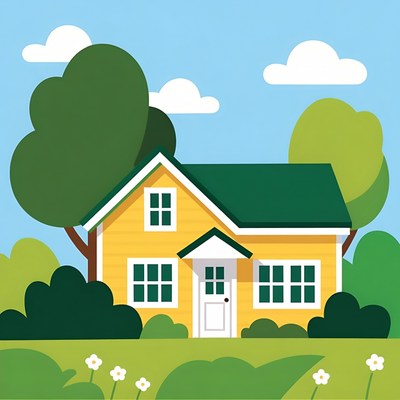 Yellow house with green trees