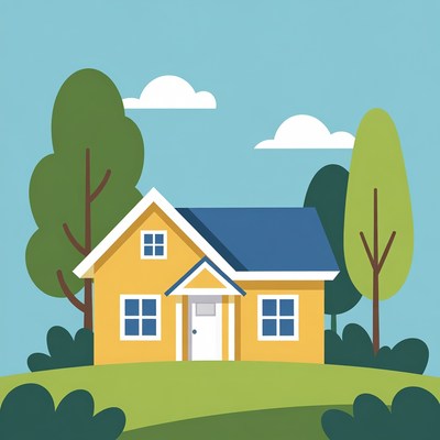 Yellow house with trees illustration