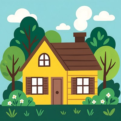 Yellow house with trees illustration