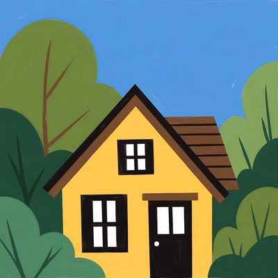 Yellow house surrounded by green trees