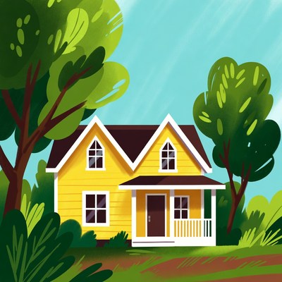 Yellow house with green trees