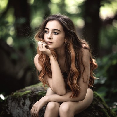 Young woman sitting on mossy rock in forest