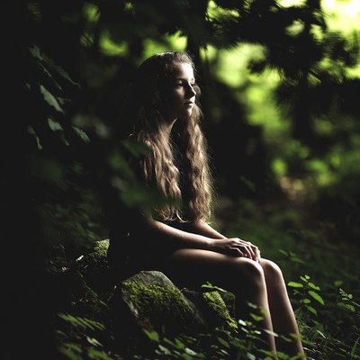Girl sitting on mossy rock in forest