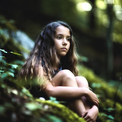Girl sitting thoughtfully in forest