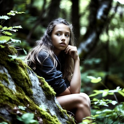 Teen girl sitting on mossy log in forest