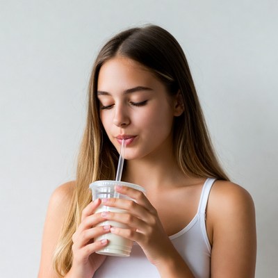 Young woman drinking milk through straw
