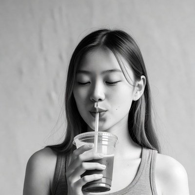 Asian woman drinking from straw