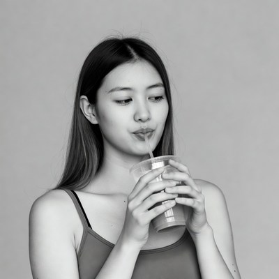 Asian woman drinking from straw