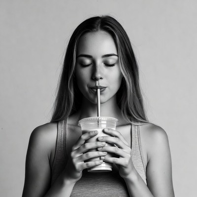 Woman drinking milkshake through straw