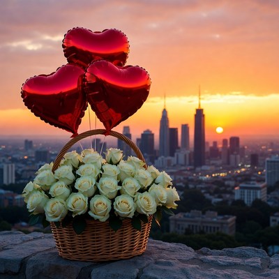 Heart Balloons Roses Basket Sunset Skyline