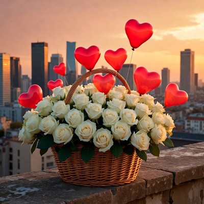 White Roses Basket with Heart Balloons at Sunset