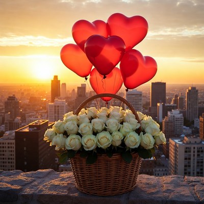 Basket of White Roses and Red Heart Balloons at Sunset Cityscape