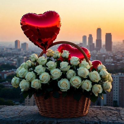 Red heart balloon and white roses basket