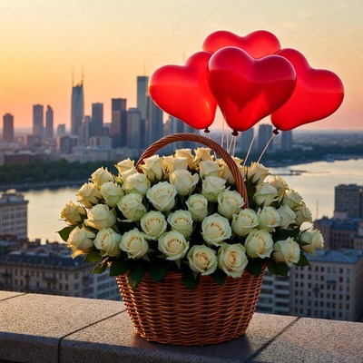 Basket of White Roses with Red Heart Balloons