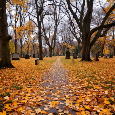 Autumn Path in Cemetery with Gravestones